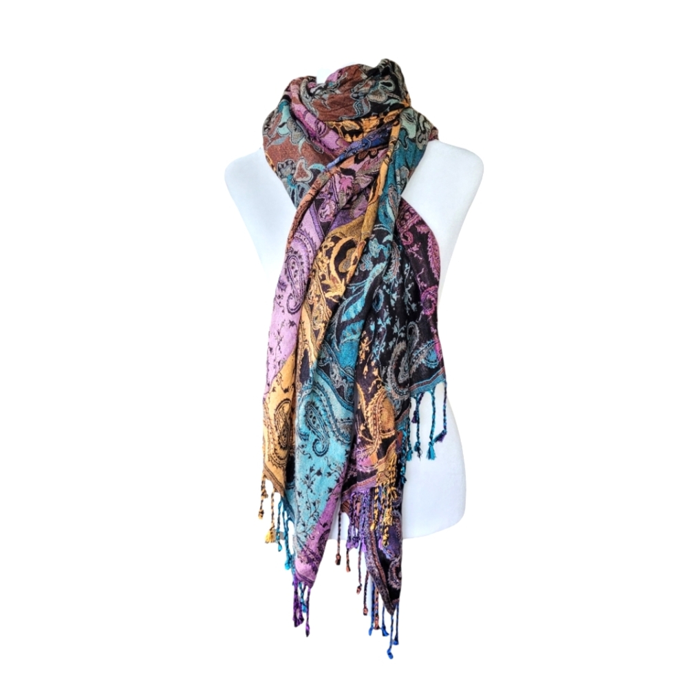 Boho Floral Paisley Scarf w Fringe Colorful Lightweight Bohemian - Picture 2 of 3